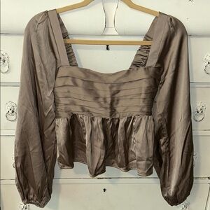 Abercrombie & Fitch Brown Peplum Blouse with Puff Sleeves